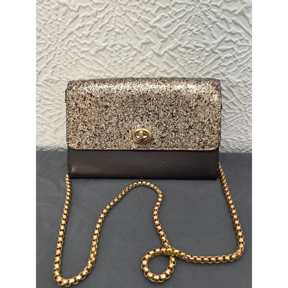 COACH Marlow Glitter Turnlock Chain Crossbody Clutch Bag Gold Brown F38963